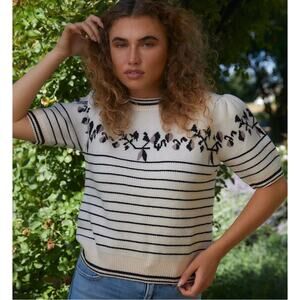 THML Lyla Puff Sleeve Crewneck Stretch Knit Sweater Ivory Black Retro Floral